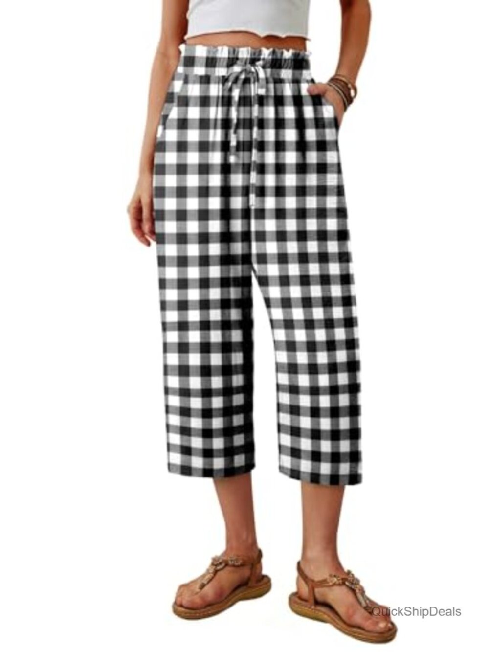 Women's Wide Leg Capri Pants High Waisted Paper Bag Drawstring Flowy Palazzo